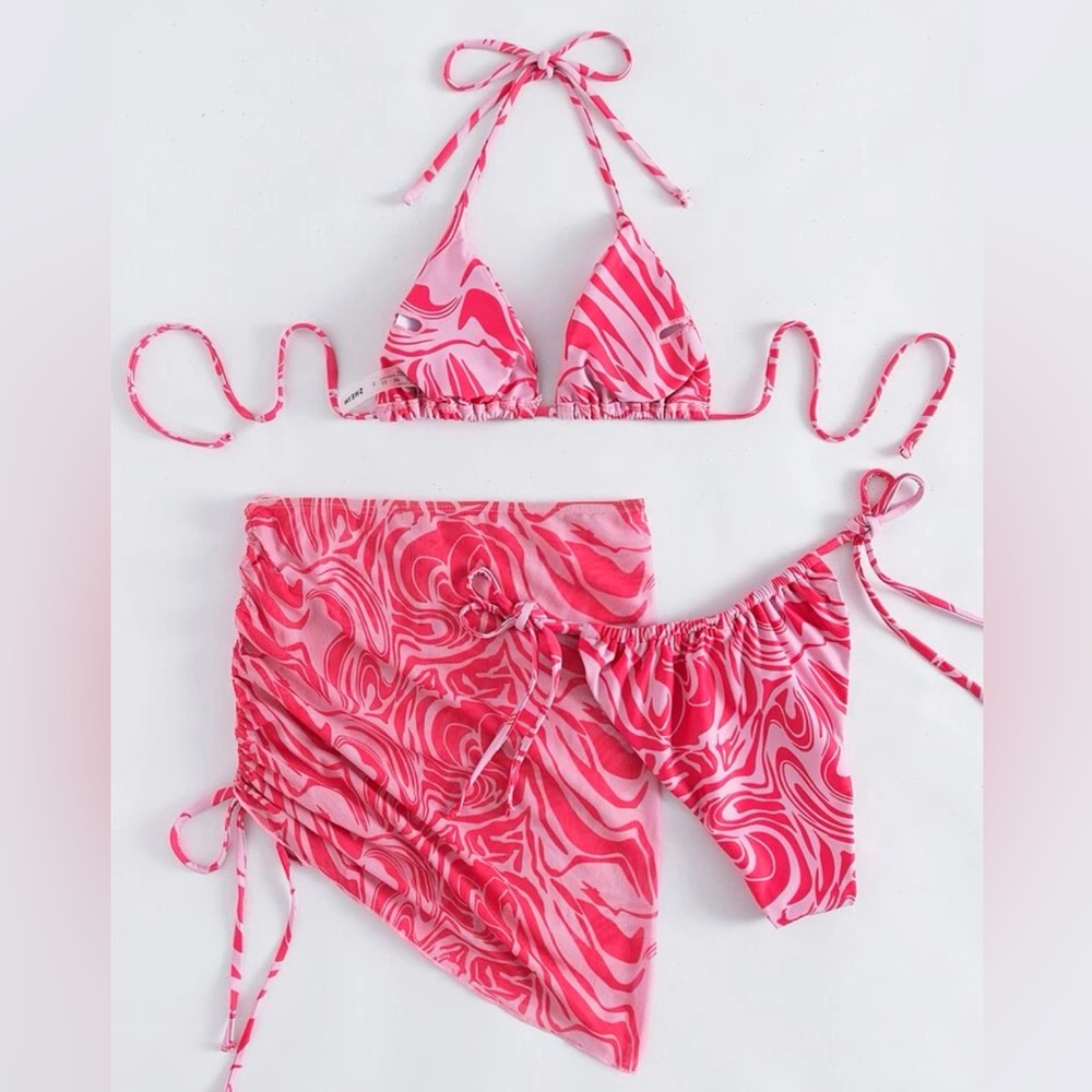 Swirl bikini with mesh sarong skirt